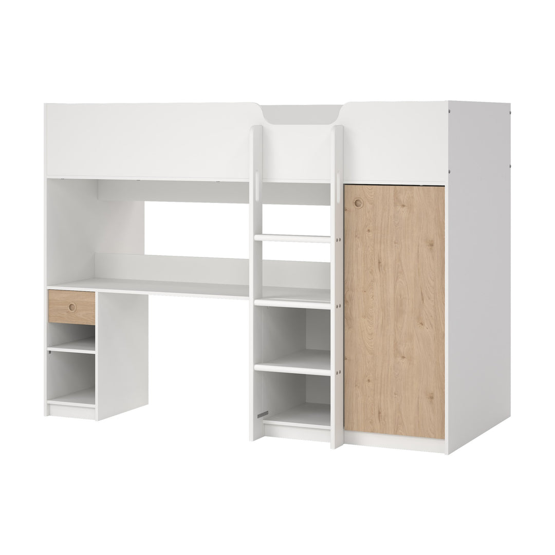 Lyon Høy barneseng i hvitt og lys eik med skrivebord, hyller, stige og garderobe