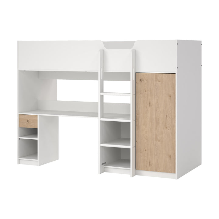 Lyon Høy barneseng i hvitt og lys eik med skrivebord, hyller, stige og garderobe
