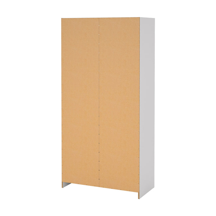 Sprint garderobeskap sett bakfra, brun bakplate i hardboard og hvit side