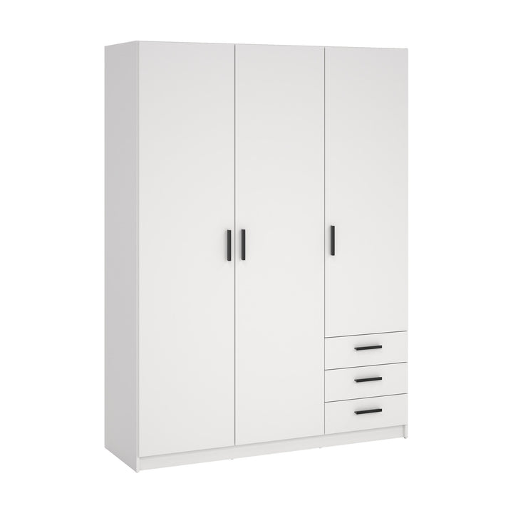 Sprint garderobeskap i hvitt sett forfra med tre dører og tre skuffer