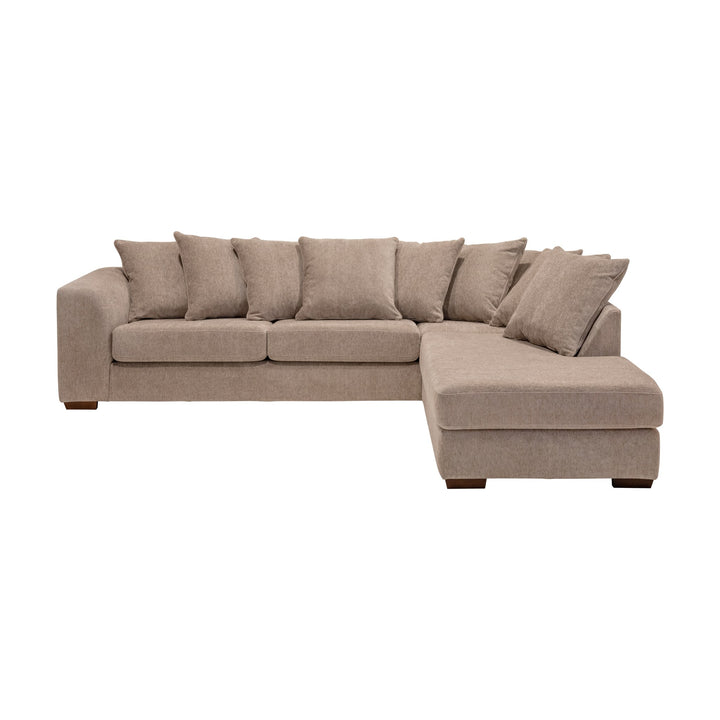 Havanna hjørnesofa i lys beige stoff med sjeselong og pynteputer