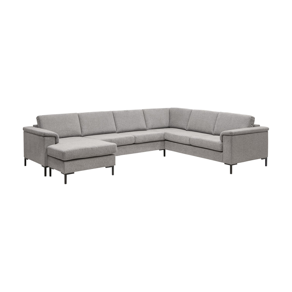 Kingston sofa i lys grå med sjeselong og sorte metallben