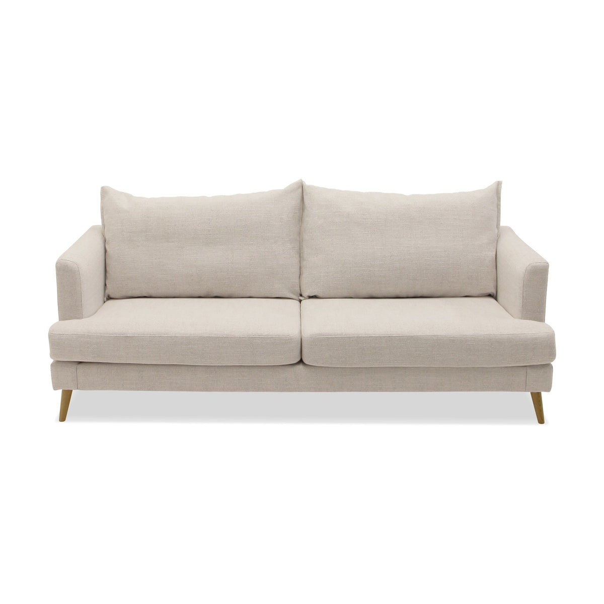Justin sofa i lys beige stoff med løse ryggputer og treben