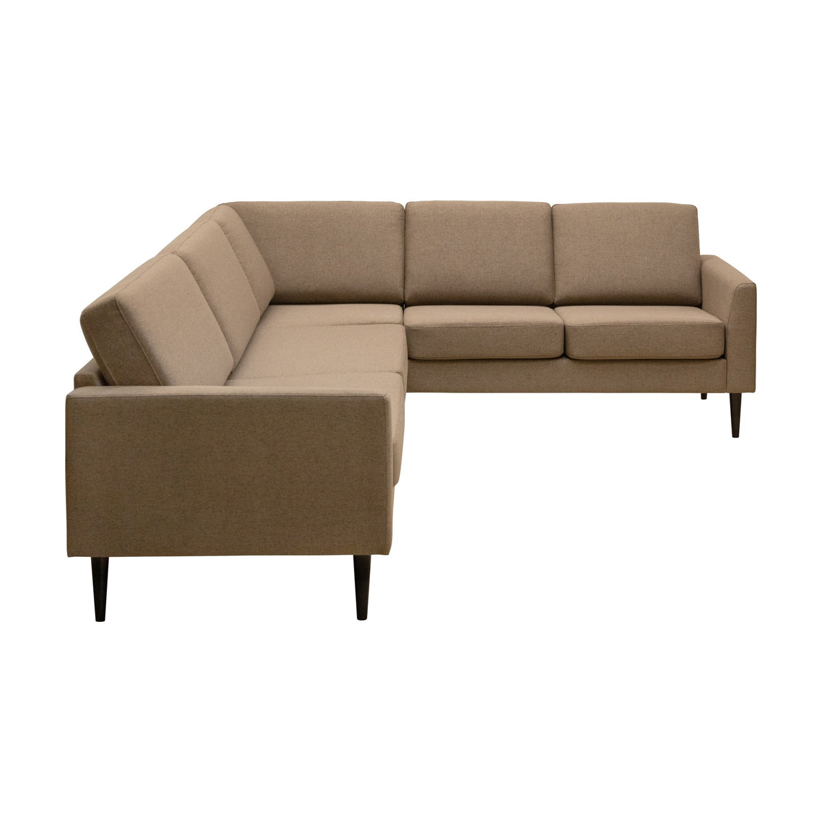 Pescara sofa, venstrevendt hjørnesofa i lys gråbrun stoff med sorte ben.
