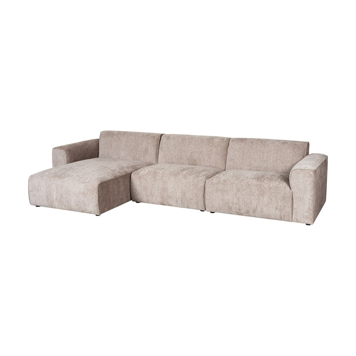 Como hjørnesofa i gråbrun stoff med sjeselong
