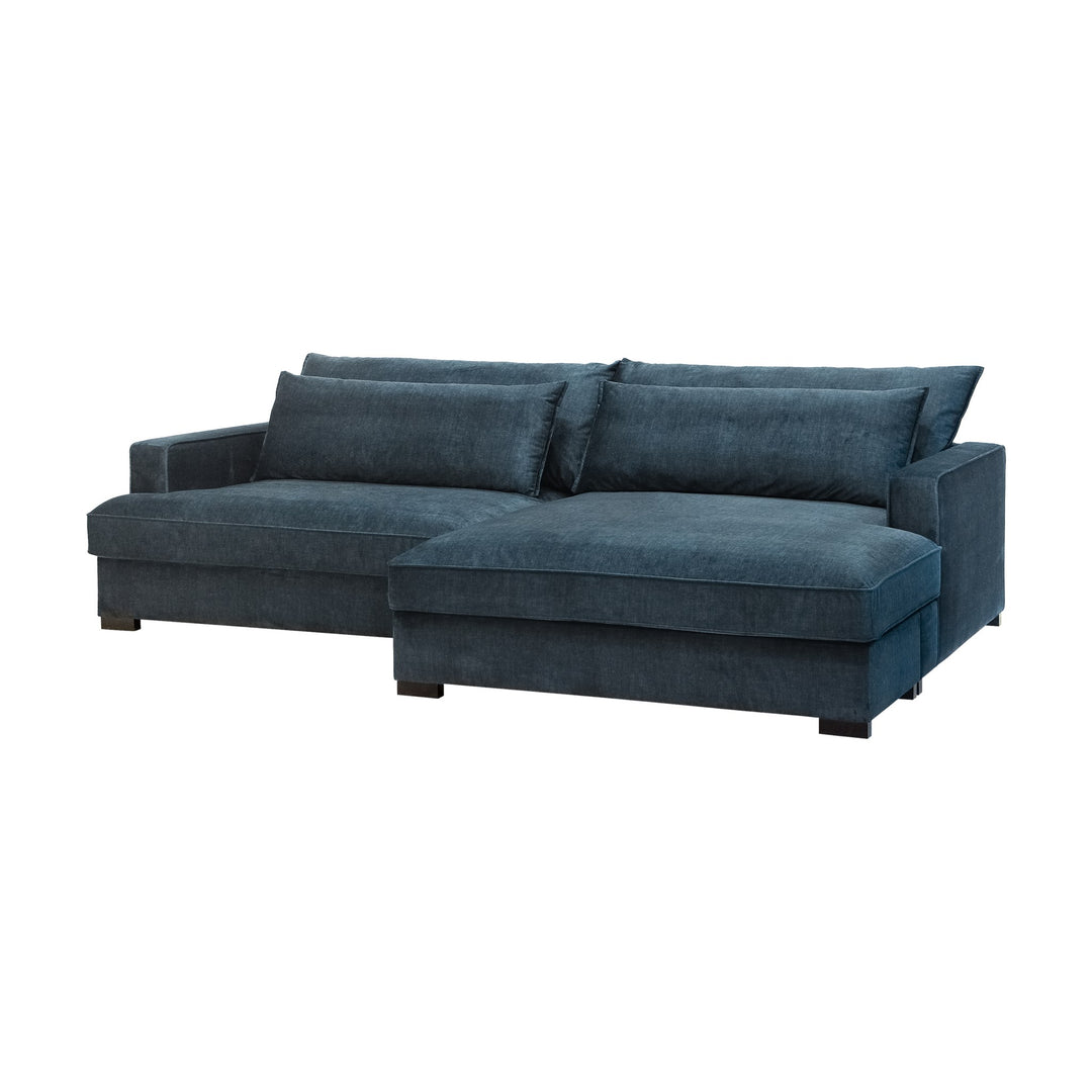 Miami sofa i mørk blå chenille med sjeselong, sett fra siden
