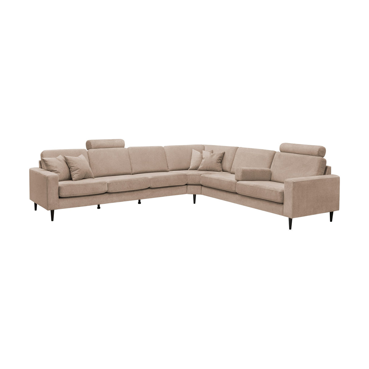 Vision nakkepute på beige hjørnesofa med justerbare nakkestøtter og pynteputer