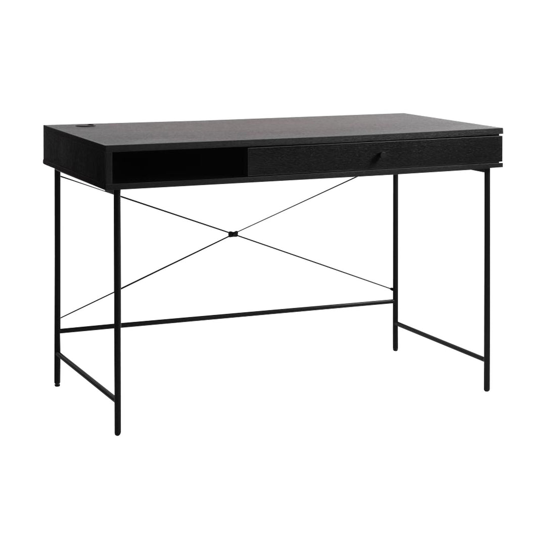 Pensacola skrivebord i sort med sorte metallben, skuff og åpen hylle