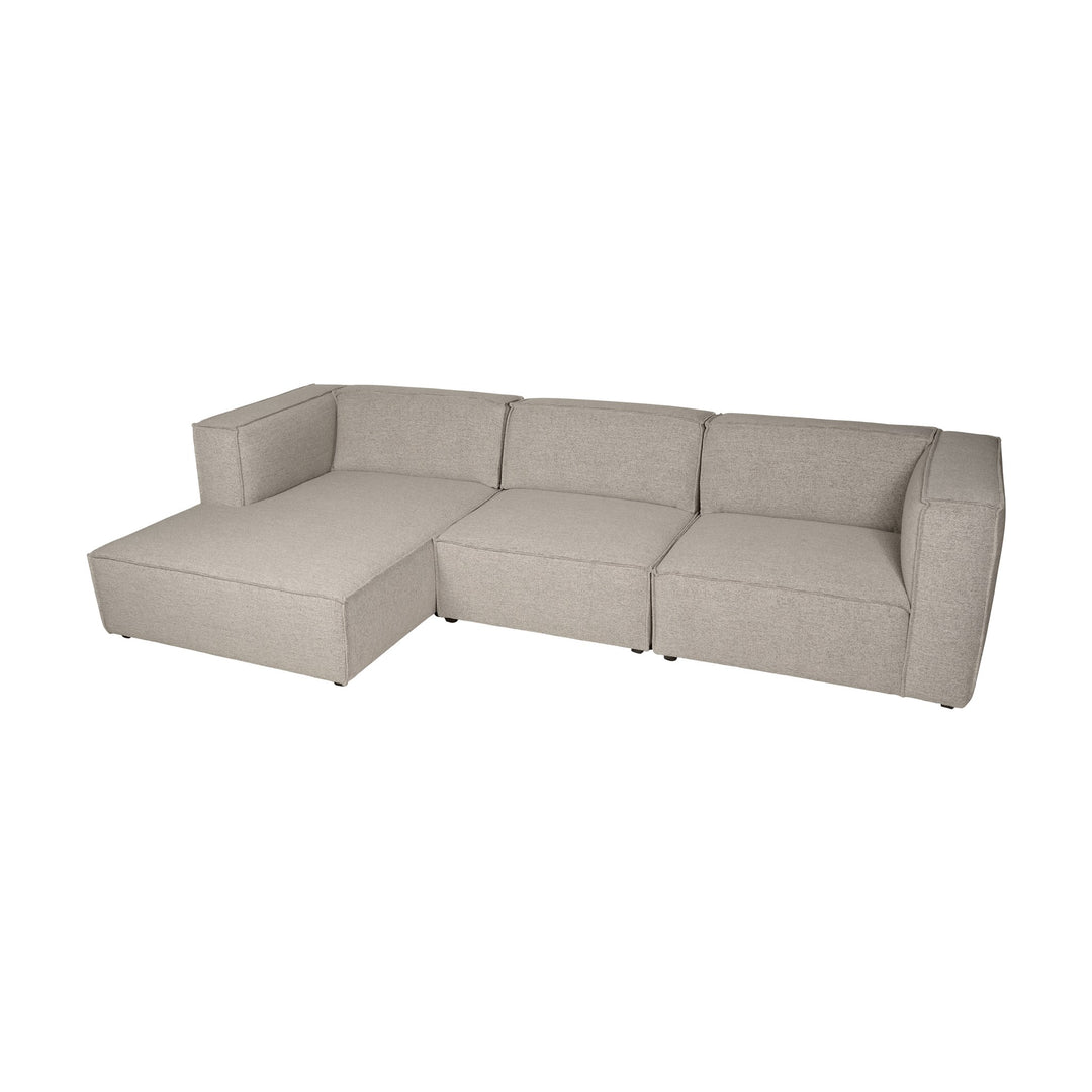 Beacon hjørnesofa i beige stoff, venstrevendt med sjeselong, vinklet visning mot hvit bakgrunn.