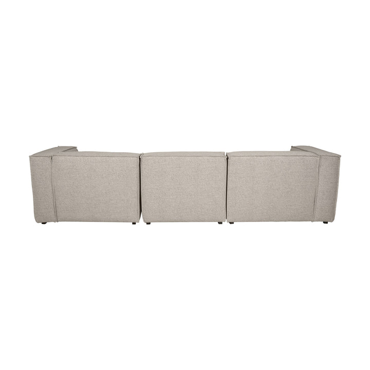 Beacon hjørnesofa i beige stoff, sett bakfra med tre moduler, mot hvit bakgrunn.