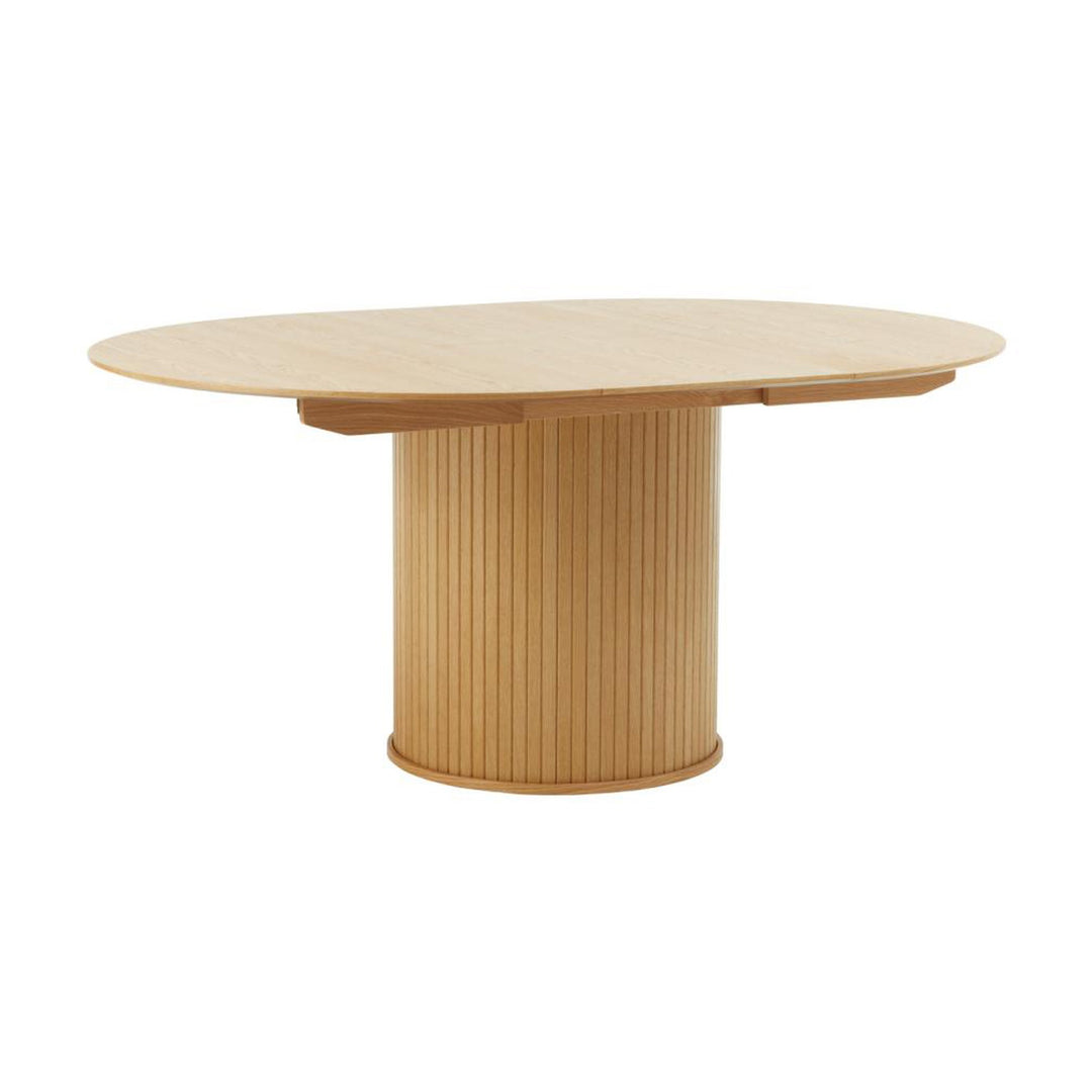 Fiola spisebord i natur eik, uttrekt oval plate med riflet søylefot, sett fra siden