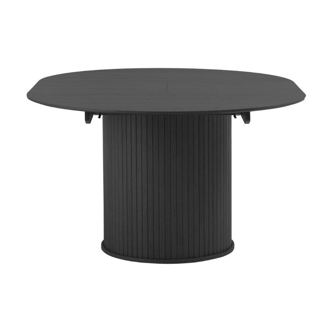 Fiola spisebord i sort eik, oval uttrekt plate med riflet søylefot på hvit bakgrunn