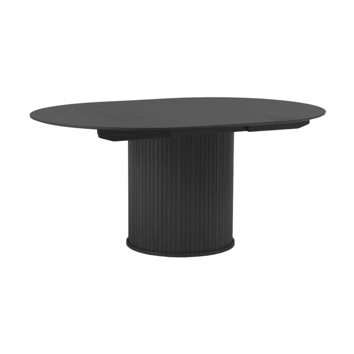 Fiola spisebord i sort eik, uttrekt oval plate med riflet søylefot, sett fra siden