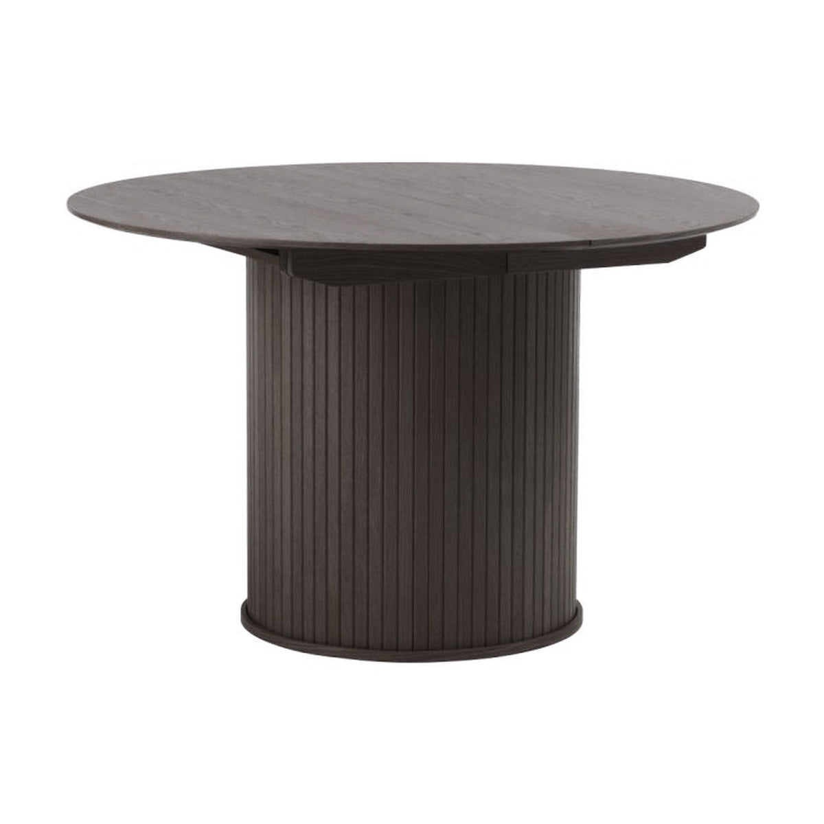 Fiola spisebord i espresso eik, rund plate med riflet søylefot på hvit bakgrunn