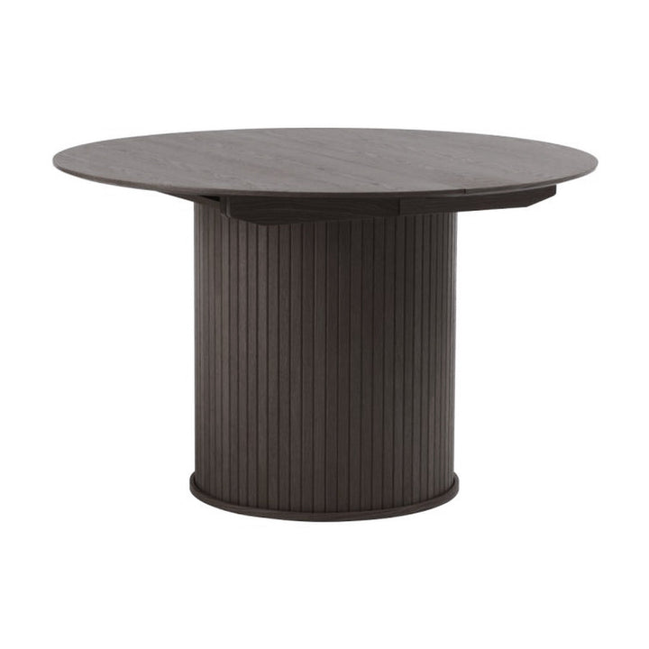 Fiola spisebord i espresso eik, rund plate med riflet søylefot på hvit bakgrunn