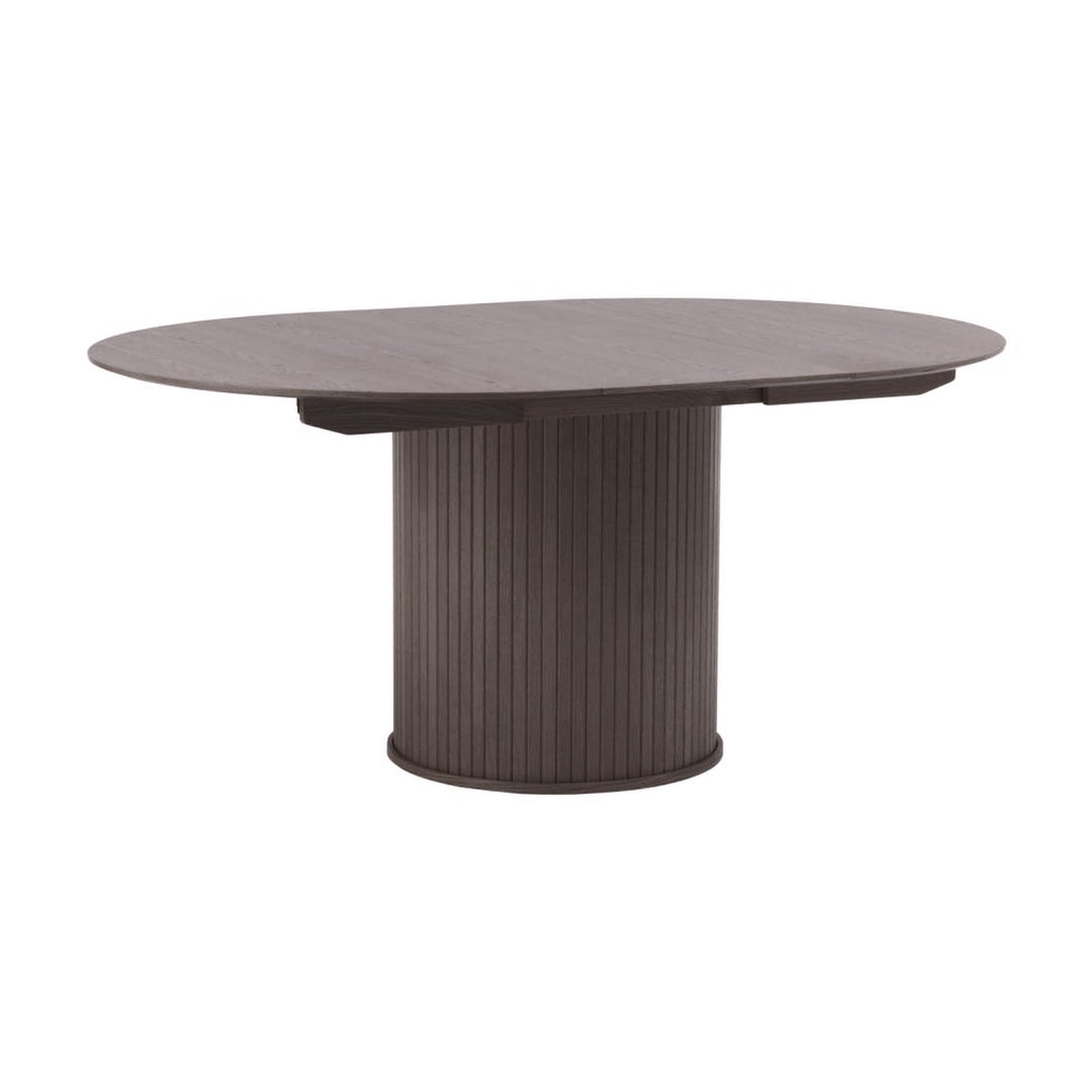 Fiola spisebord i espresso eik, uttrekt oval plate med riflet søylefot, sett fra siden