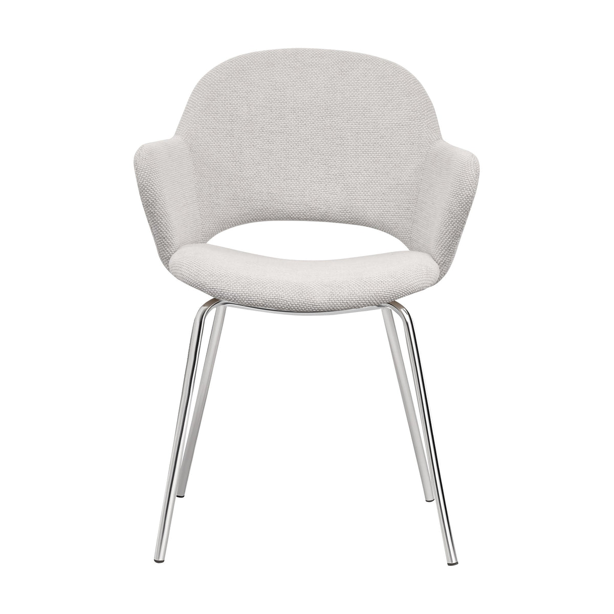 Rowley spisestol i beige vevd stoff med armlene og svarte metallben