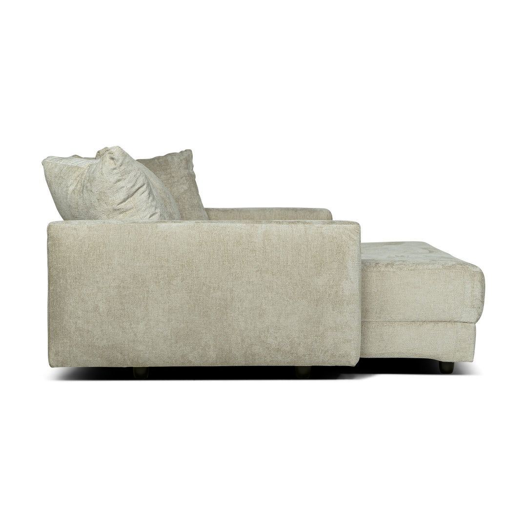 Bellus Glory sovesofa med sjeselong sett fra siden i beige chenillestoff