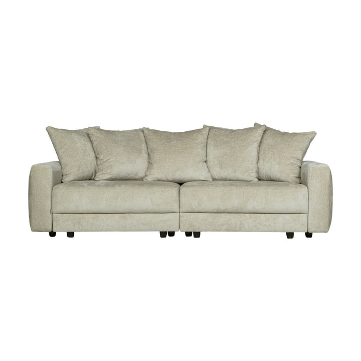 Bellus Glory sovesofa i beige chenille med sjeselong og løse puter