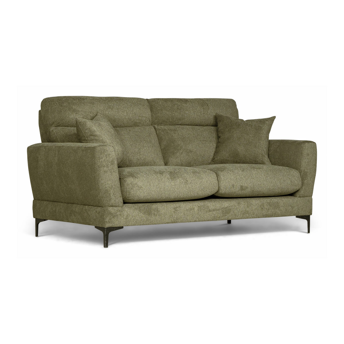 Bellus Robin 2-seter sofa i olivengrønn chenille med svarte metallben, sett skrått forfra