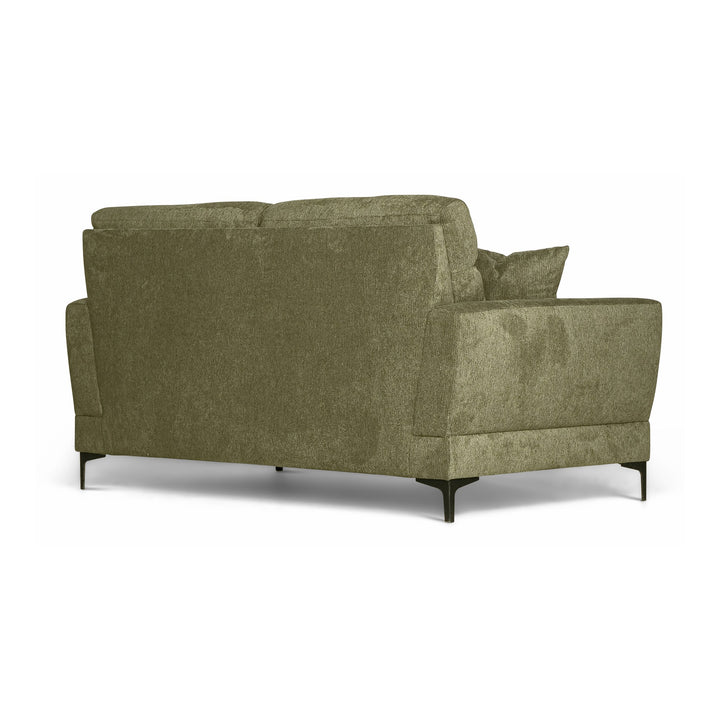 Bellus Robin sofa i olivengrønt stoff, sett bakfra på skrå