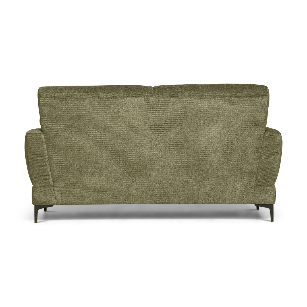 Bellus Robin sofa i olivengrønt stoff, sett bakfra med sorte metallben