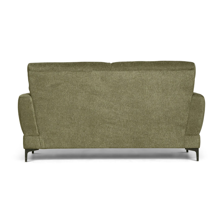 Bellus Robin sofa i olivengrønt stoff, sett bakfra med sorte metallben