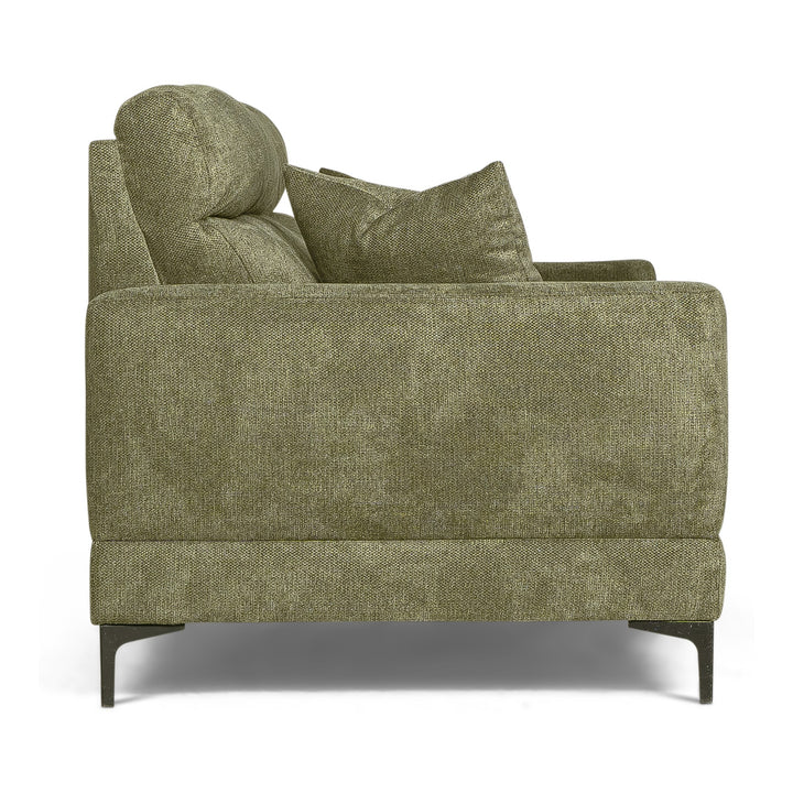 Bellus Robin sofa i olivengrønt stoff, sideprofil med pute og sorte ben