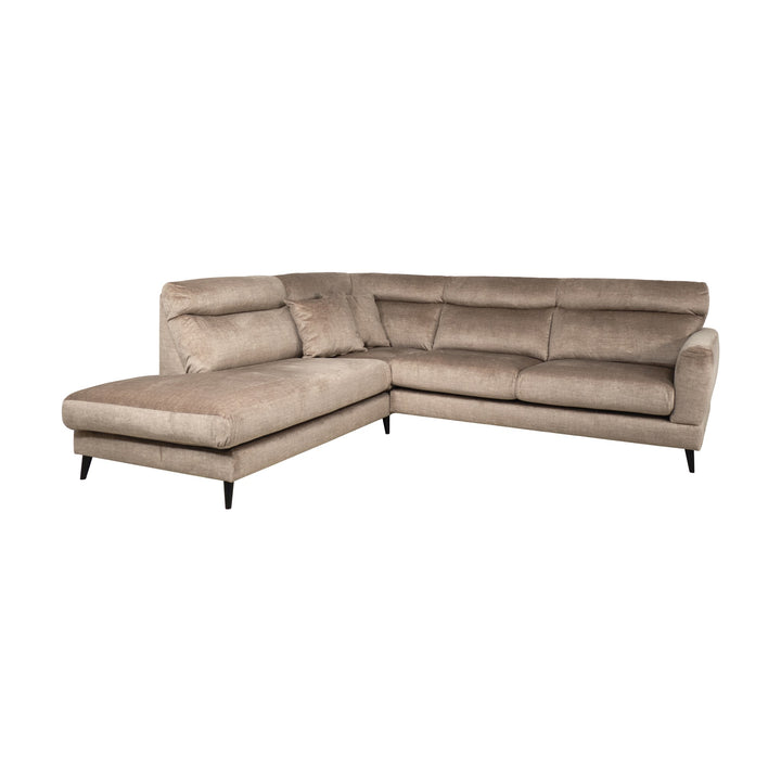 Bellus Robin sofa med sjeselong i gråbeige chenillestoff og svarte ben