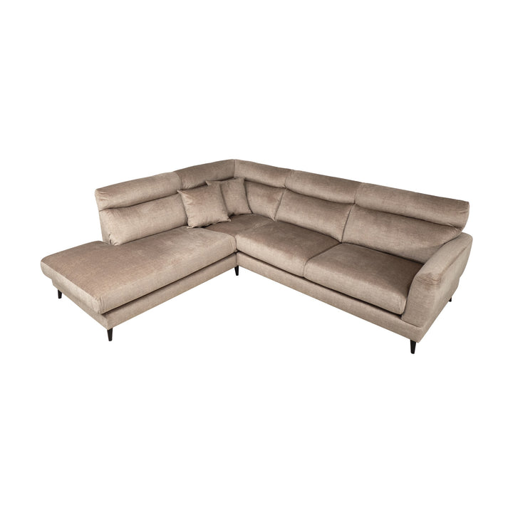 Bellus Robin hjørnesofa i beige chenille med sjeselong til venstre, sett forfra