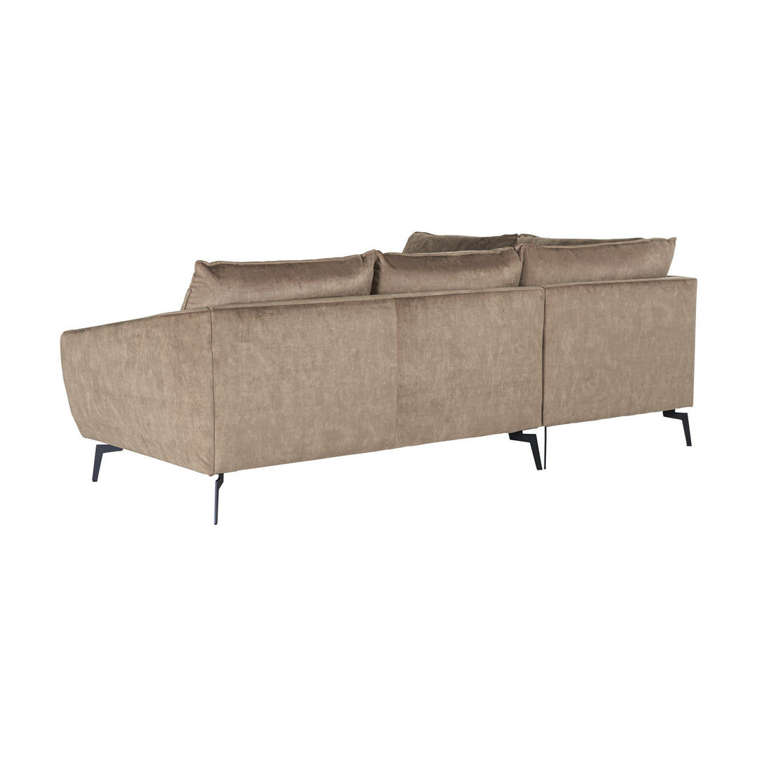 Bellus Coral hjørnesofa i gråbeige velur, sett skrått bakfra på hvit bakgrunn