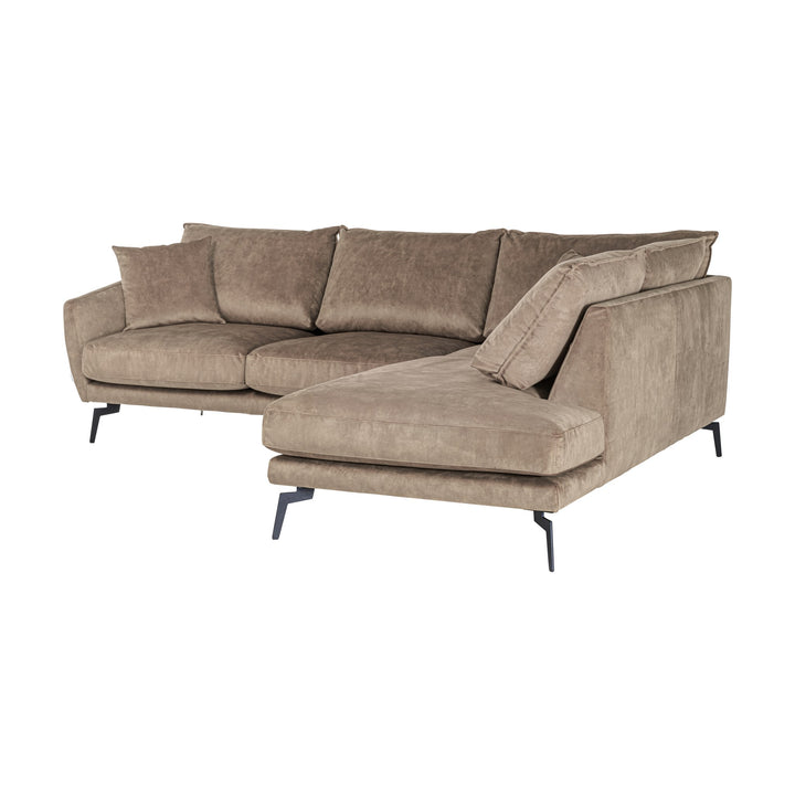 Bellus Coral hjørnesofa i gråbeige velur med sjeselong, sett skrått forfra på hvit bakgrunn