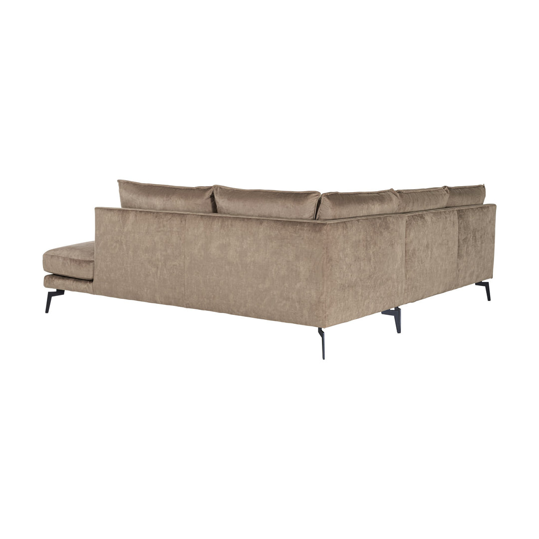 Bellus Coral hjørnesofa i gråbeige velur, sett fra baksiden på hvit bakgrunn