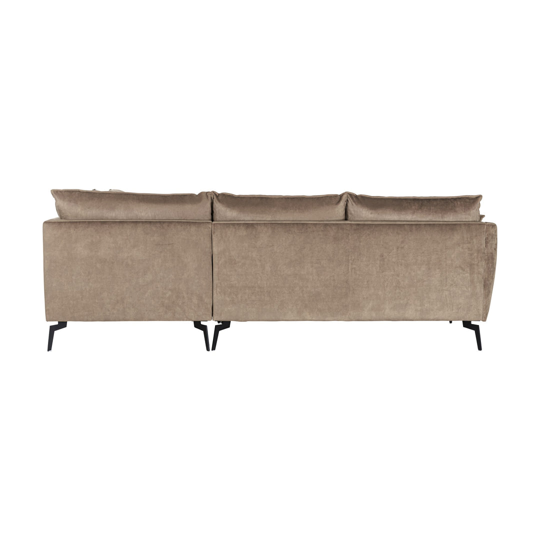 Bellus Coral hjørnesofa i gråbeige velur med sorte metallben, sett bakfra på hvit bakgrunn