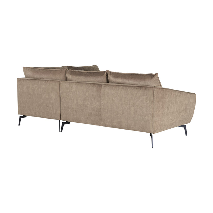 Bellus Coral hjørnesofa i gråbeige velur, sett skrått bakfra på hvit bakgrunn