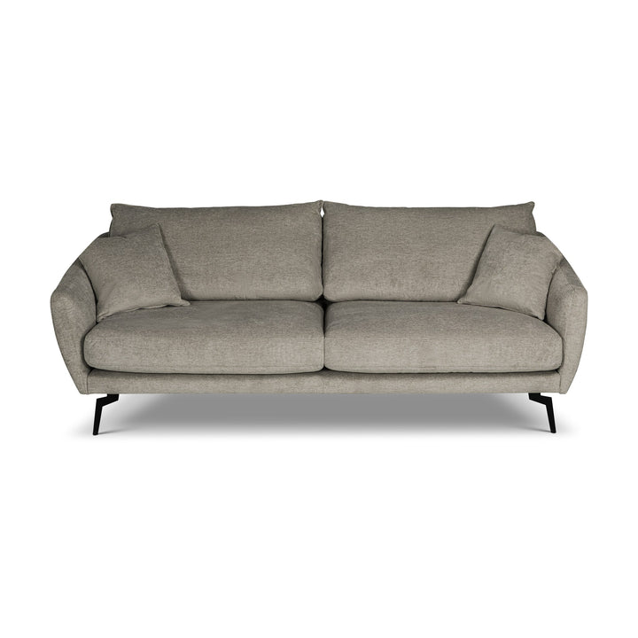 Bellus Coral sofa i lys grå melert stoff, sett forfra på hvit bakgrunn