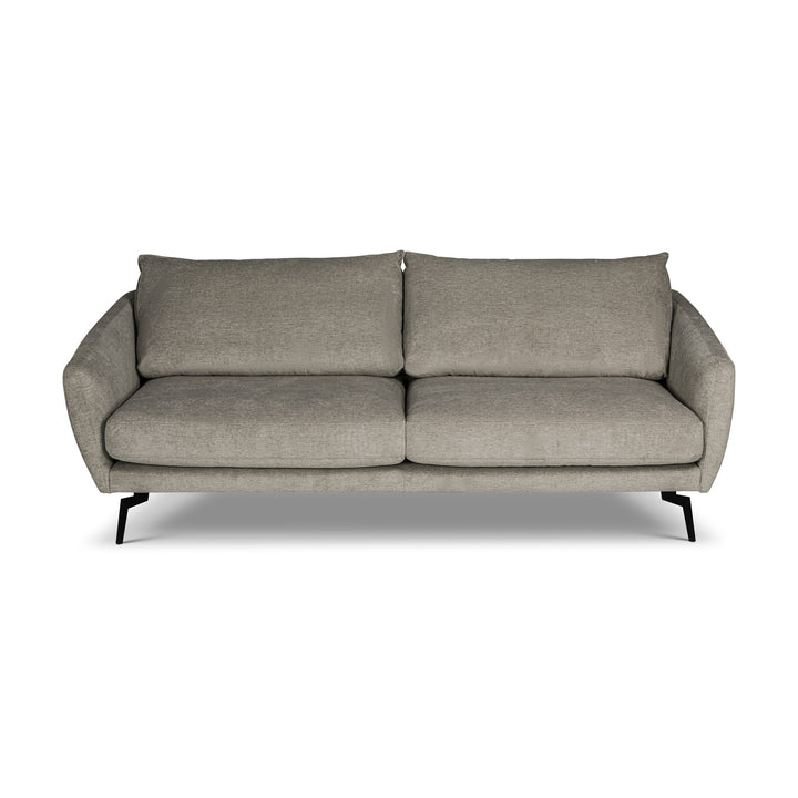 Bellus Coral sofa i lys grå melert stoff, sett rett forfra på hvit bakgrunn