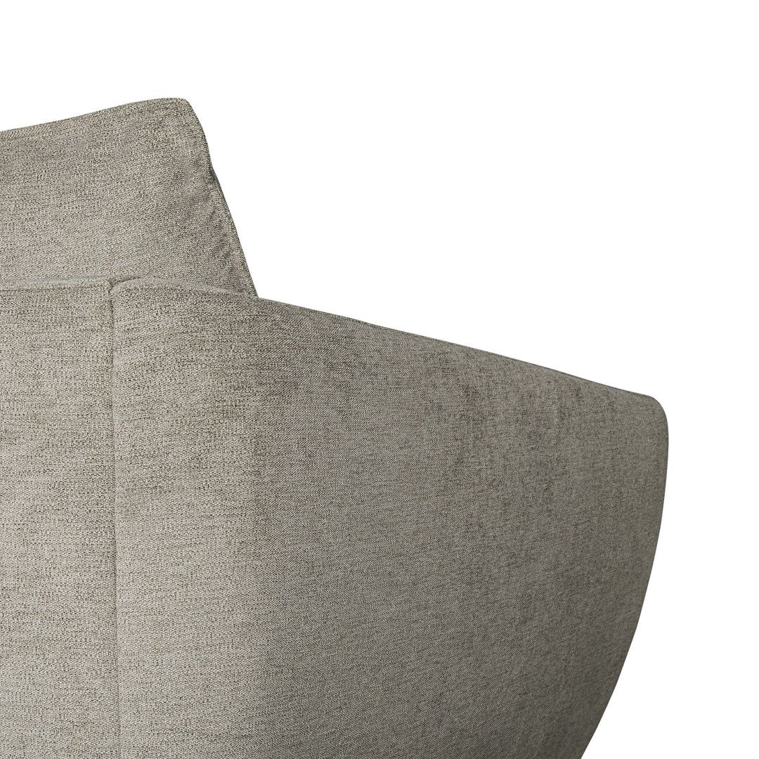 Bellus Coral sofa i lys grå melert stoff, nærbilde av armlene og rygg