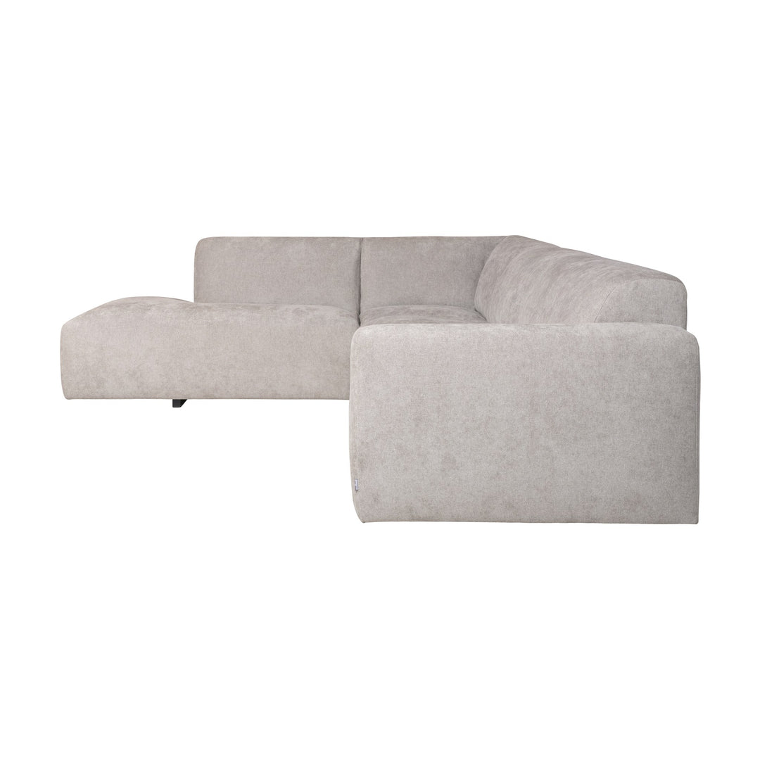 Bellus Olos hjørnesofa i lys grå melert chenille, sett fra siden på hvit bakgrunn