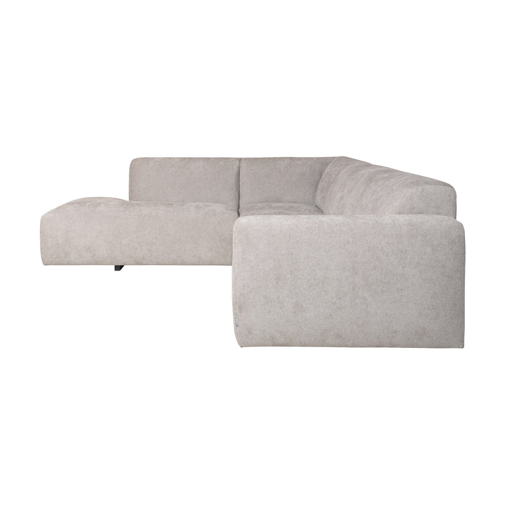 Bellus Olos hjørnesofa i lys grå melert chenille, sett fra siden på hvit bakgrunn