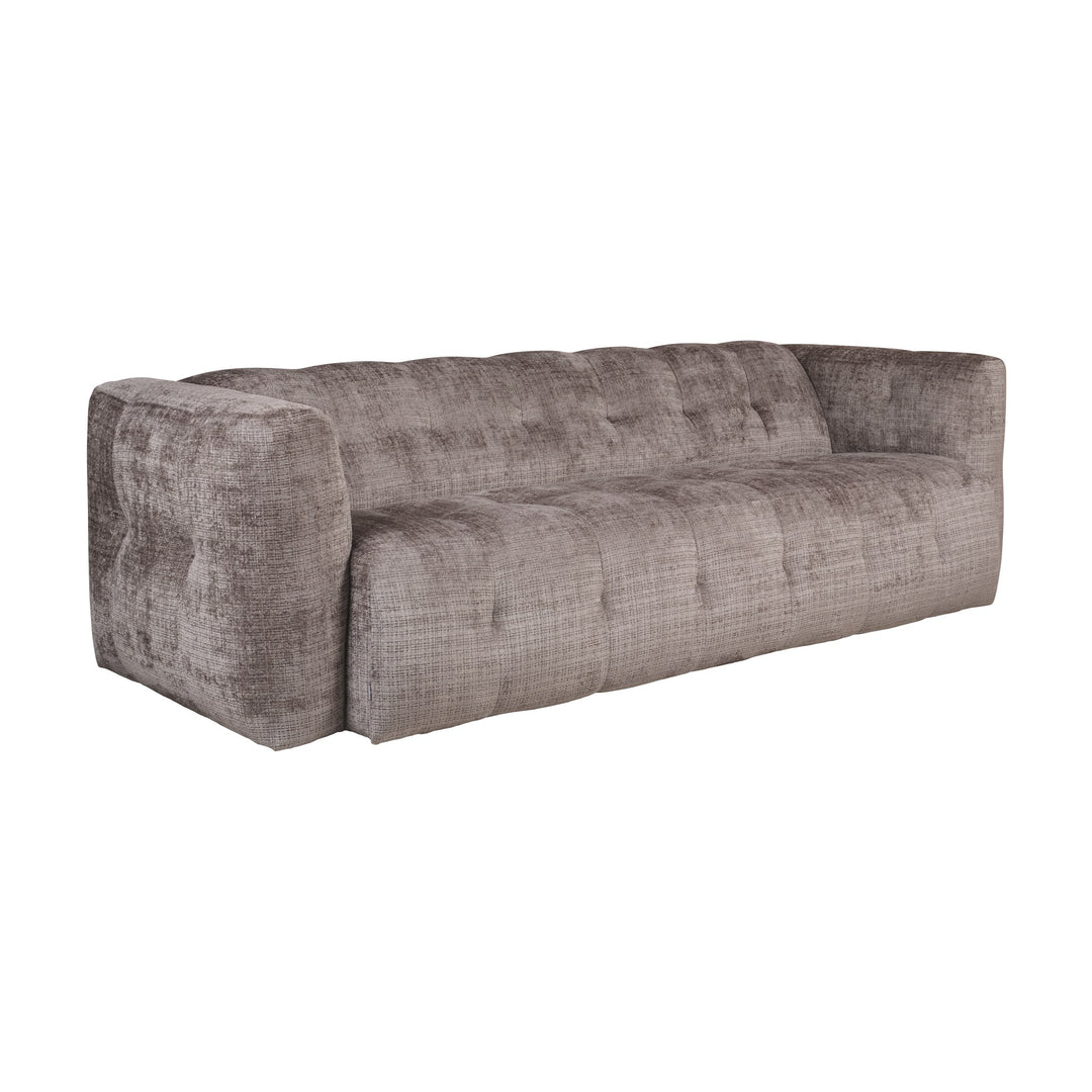 Bellus Soffy 3-seter sofa i gråbrun chenille med dyp tufting, sett forfra i vinkel