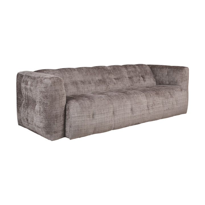 Bellus Soffy 3-seter sofa i gråbrun chenille med dyp tufting, sett forfra i vinkel