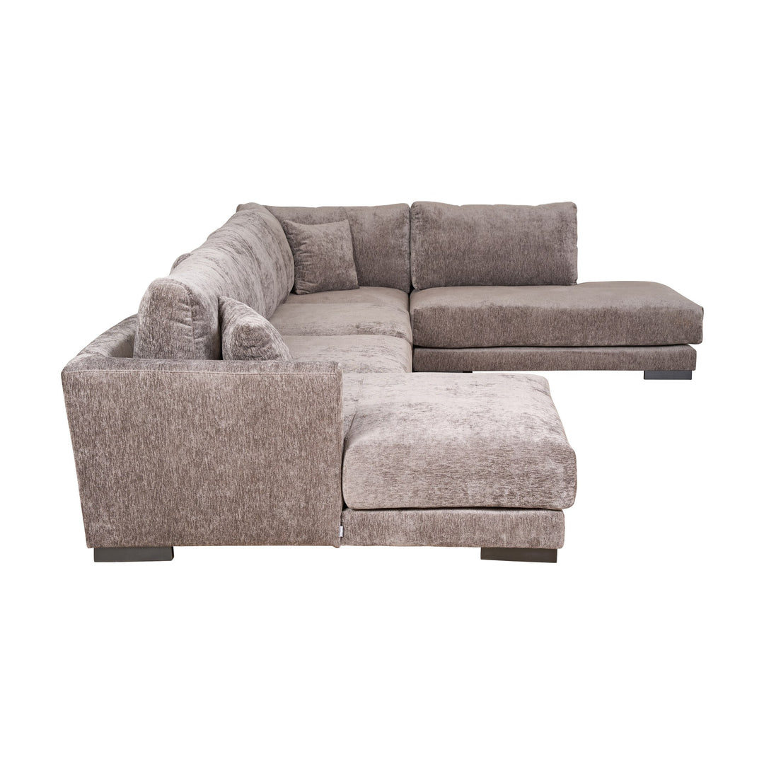 Bellus Andango modulsofa i gråbrun chenille med sjeselong og puff, sett fra siden