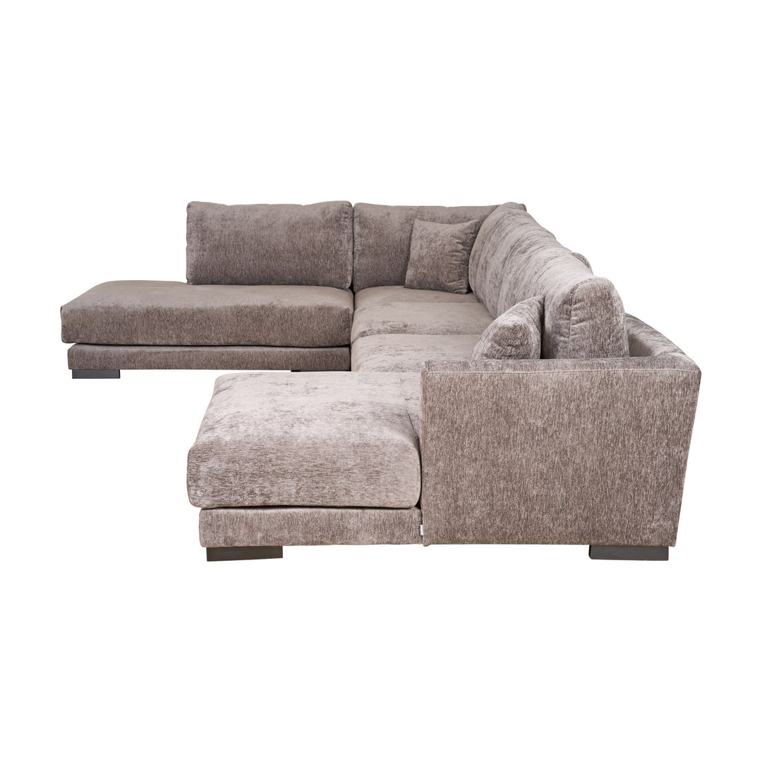 Bellus Andango modulsofa i gråbrun chenille med puff, sett fra vinkel