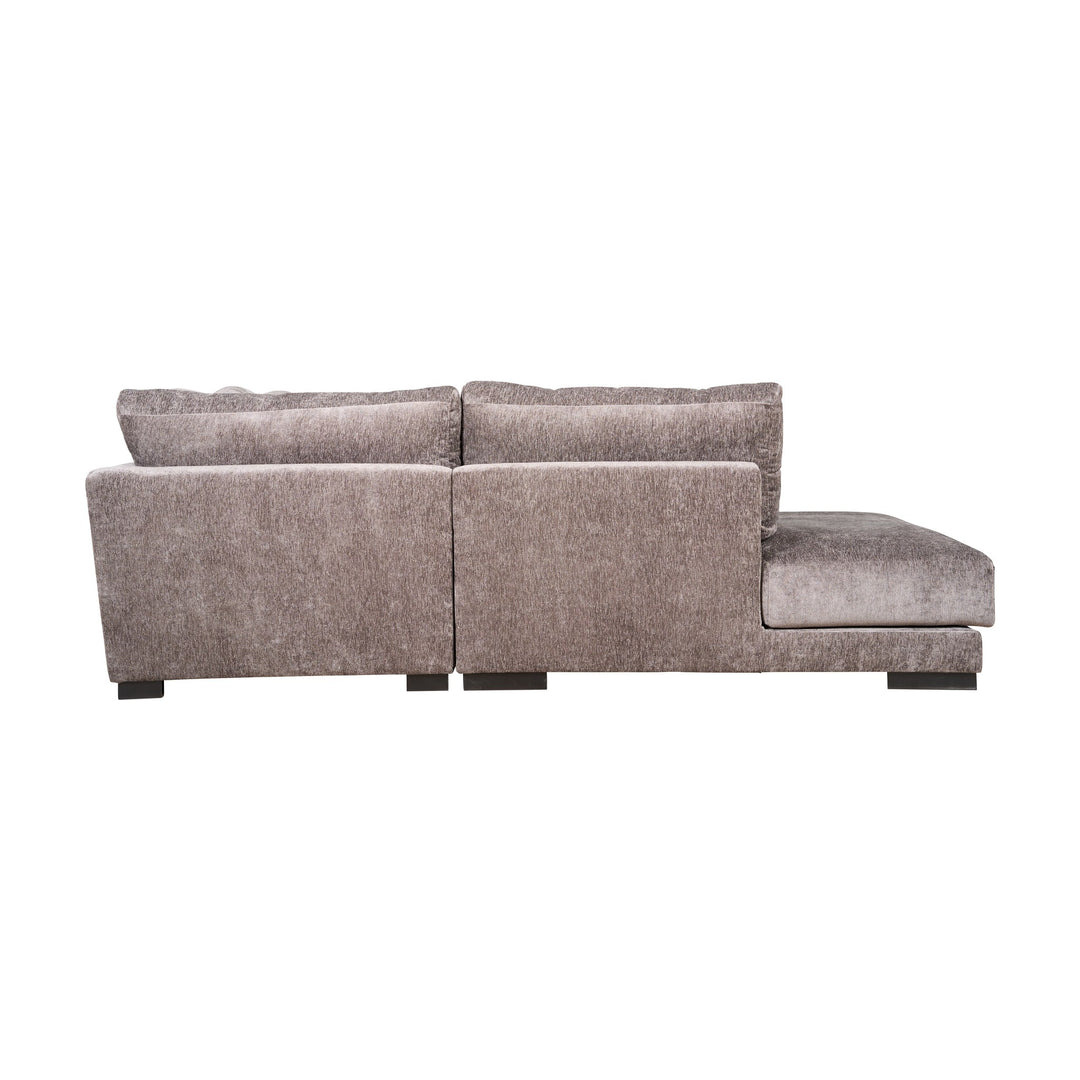Bellus Andango modulsofa i gråbrun chenille med sjeselong og puff, sett fra enden