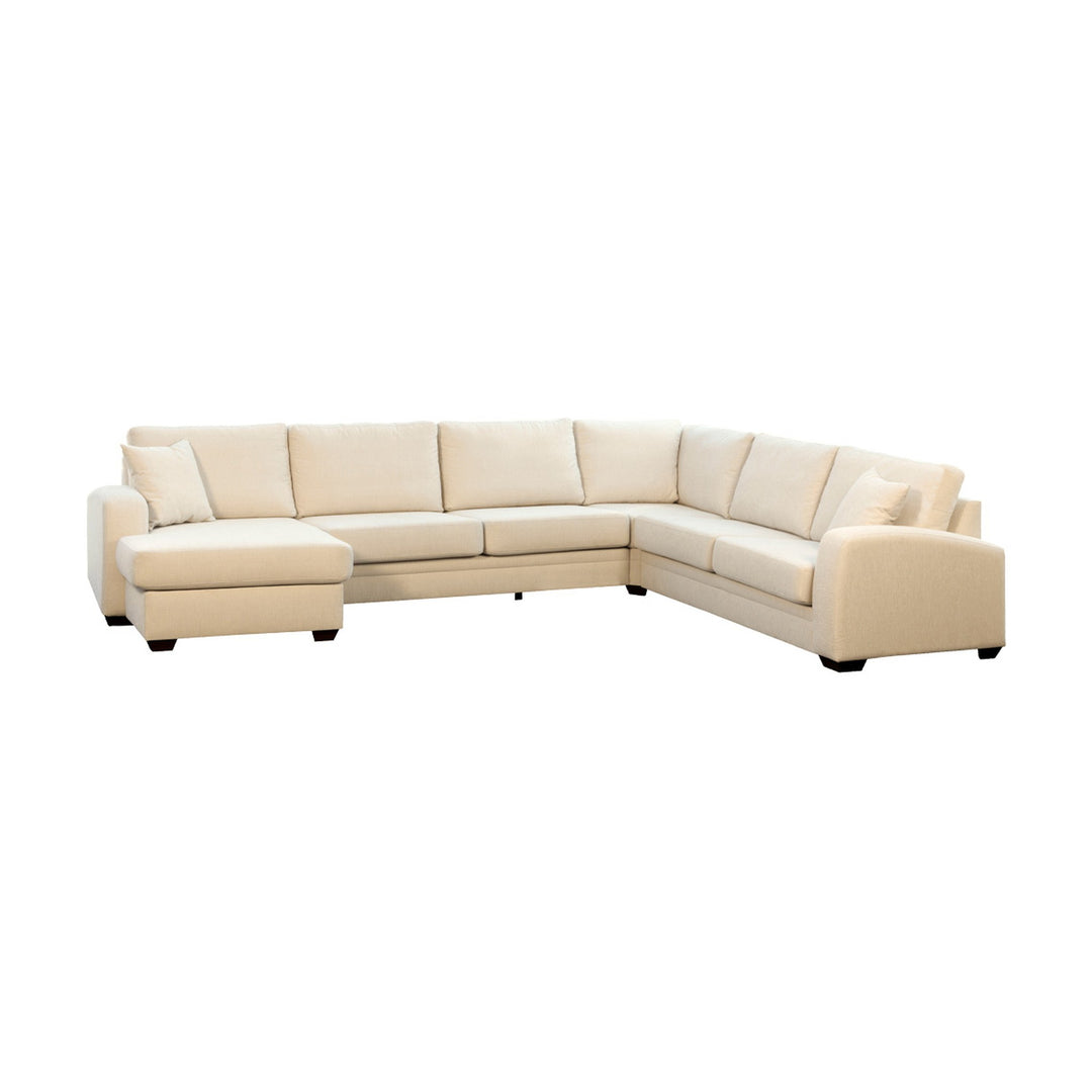 Bellus Casino modulsofa i lys beige stoff med brune puter