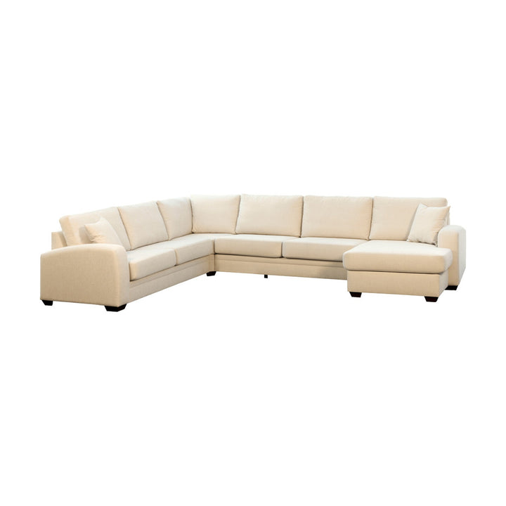Bellus Casino modulsofa i lys beige stoff med brune puter
