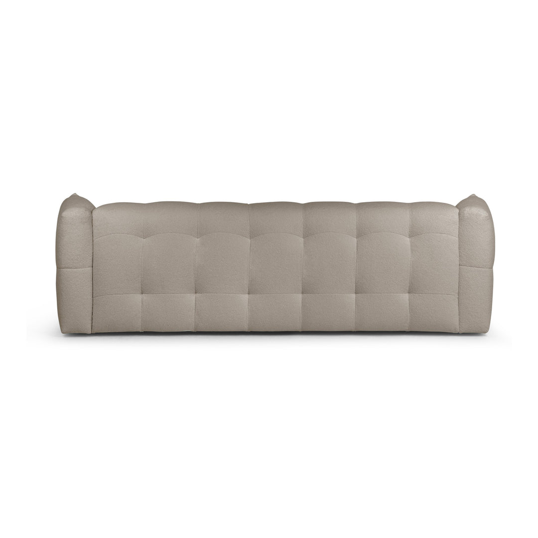 Bellus Moby 3-seter sofa i greige bouclé, sett forfra med rutet polstring