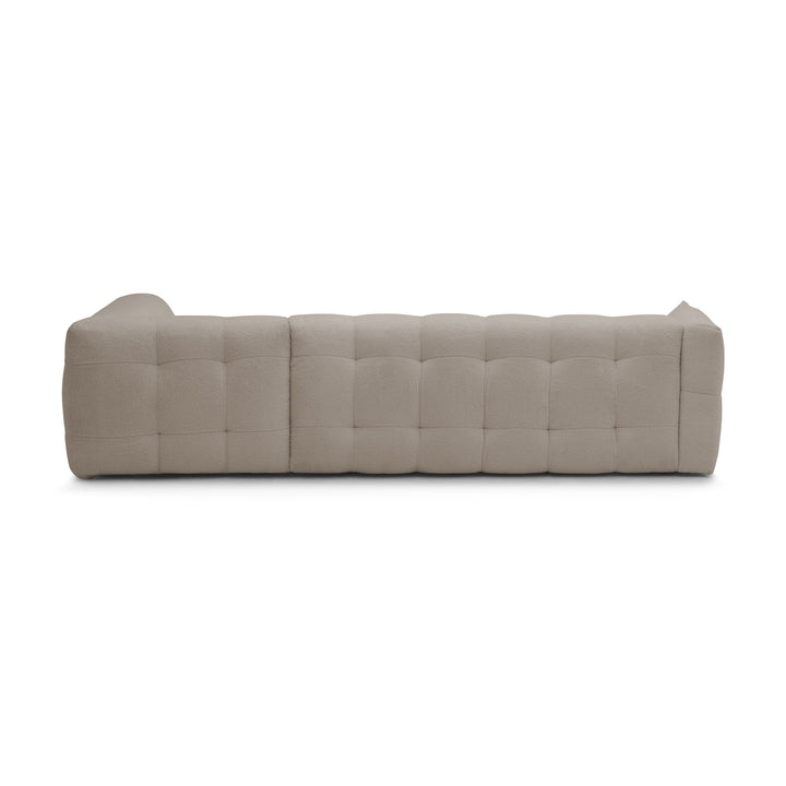 Bellus Moby sofa i greige bouclé med åpen ende, sett bakfra