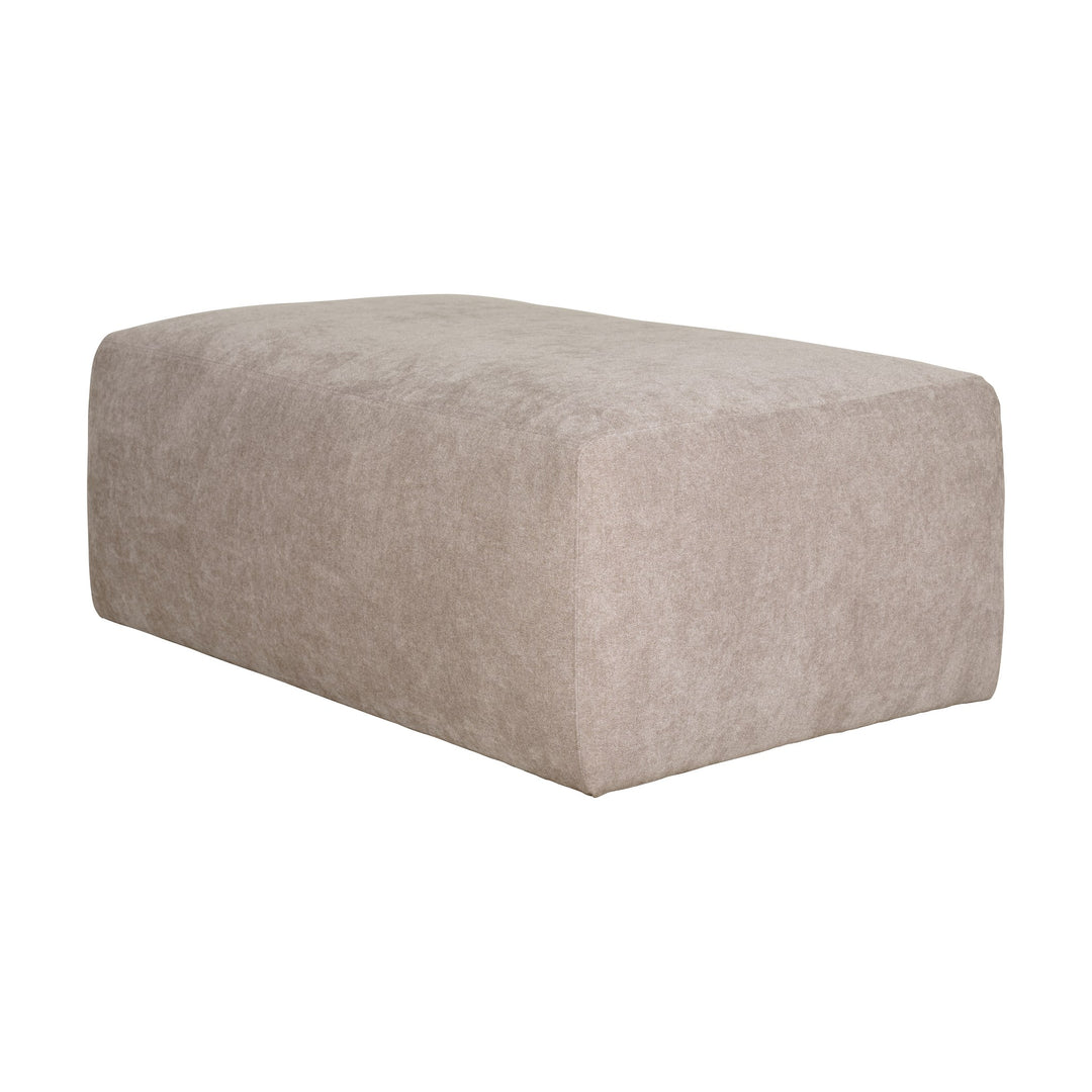 Bellus Olos puff i varm gråbeige chenille, rektangulær form, sett skrått